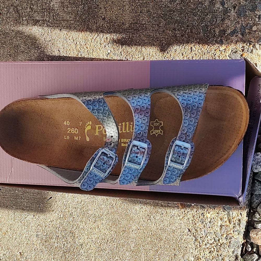 Papillon Birko-Flor Paillette Silver Sandals leather Size 9M M7 New in Box 40